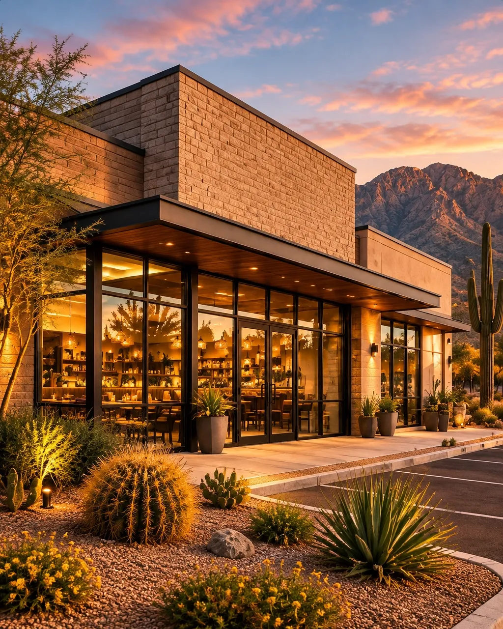 Neighborhood restaurant storefront at golden hour