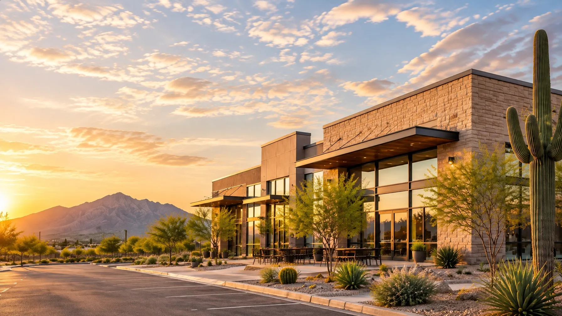 Tucson commercial storefront with desert landscaping and mountains at sunset